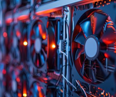 Computer cooling fans and electronics in an ai datacenter suggest energy cost impacts for corporations.