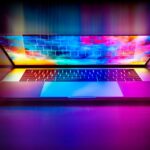 Laptop displaying colorful digital graphics for an article about public priorities for safe, controllable AGI development